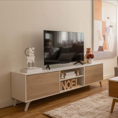 Conjunto de Salón Mueble Completo: Bajo TV, Vitrina, Estantería Decorativa y 2 Estantes - Estilo Roble y Blanco.