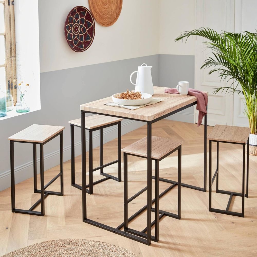 Conjunto de Mesa y 4 Taburetes con Estructura Metálica, Tapa