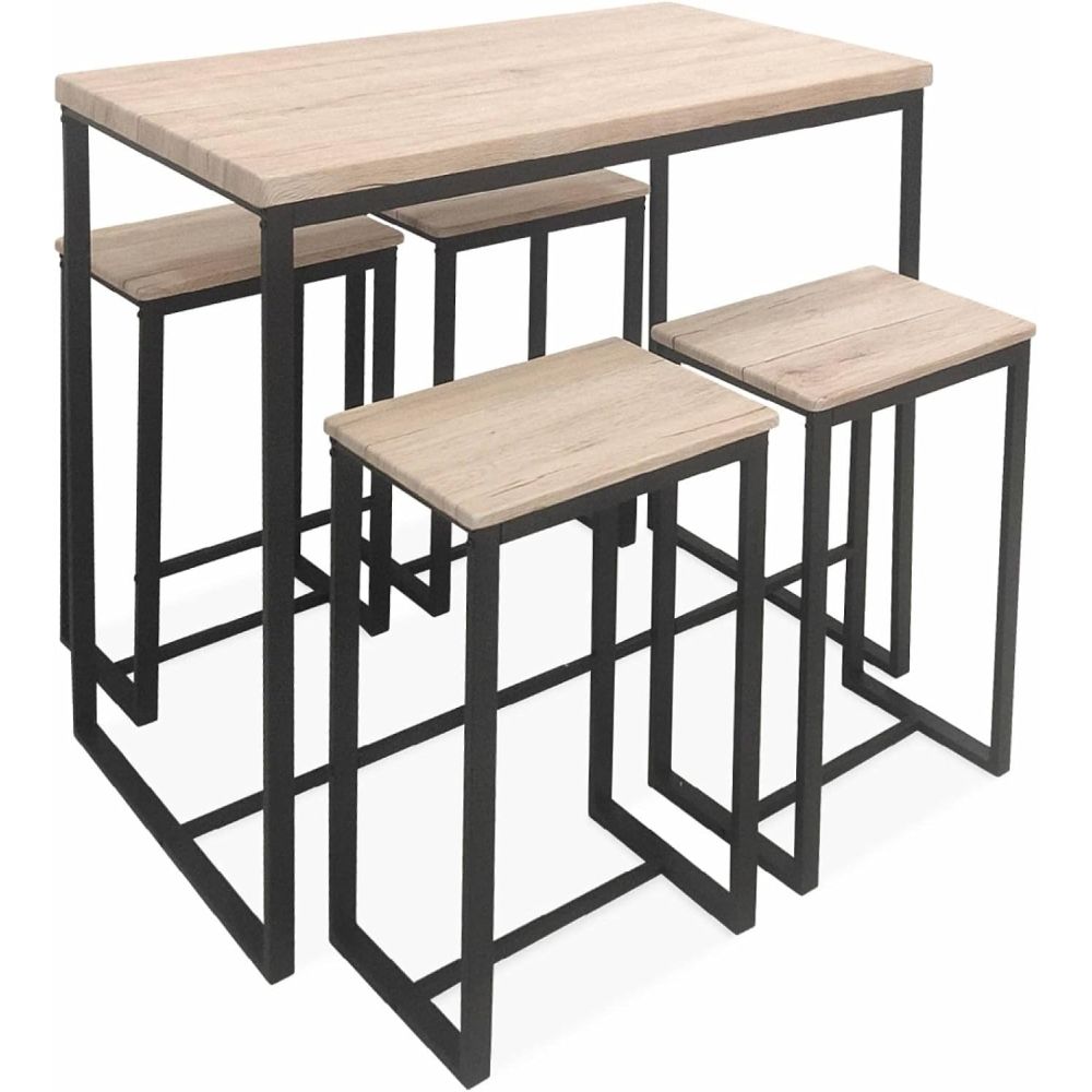 Conjunto de Mesa y 4 Taburetes con Estructura Metálica, Tapa