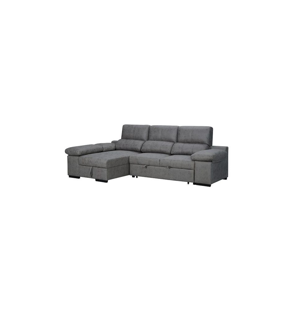 Sofá con Chaiselongue Reversible Color Cemento, Asientos Extensibles y Arcón, 291x160x104 cm, Tapizado en Tela